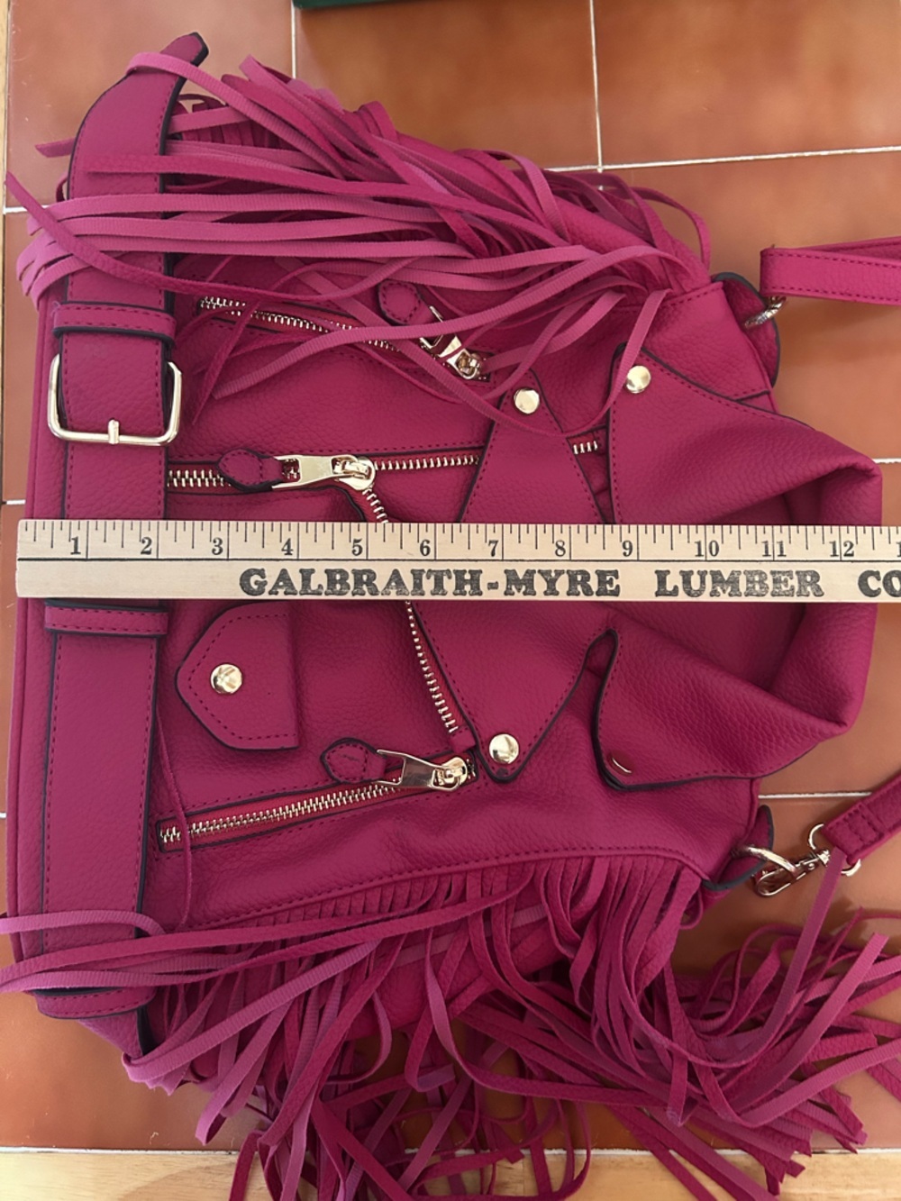 Pink Fringe Motorcycle Jacket Purse Bag Gold Tone Hardware - Picture 8 of 12